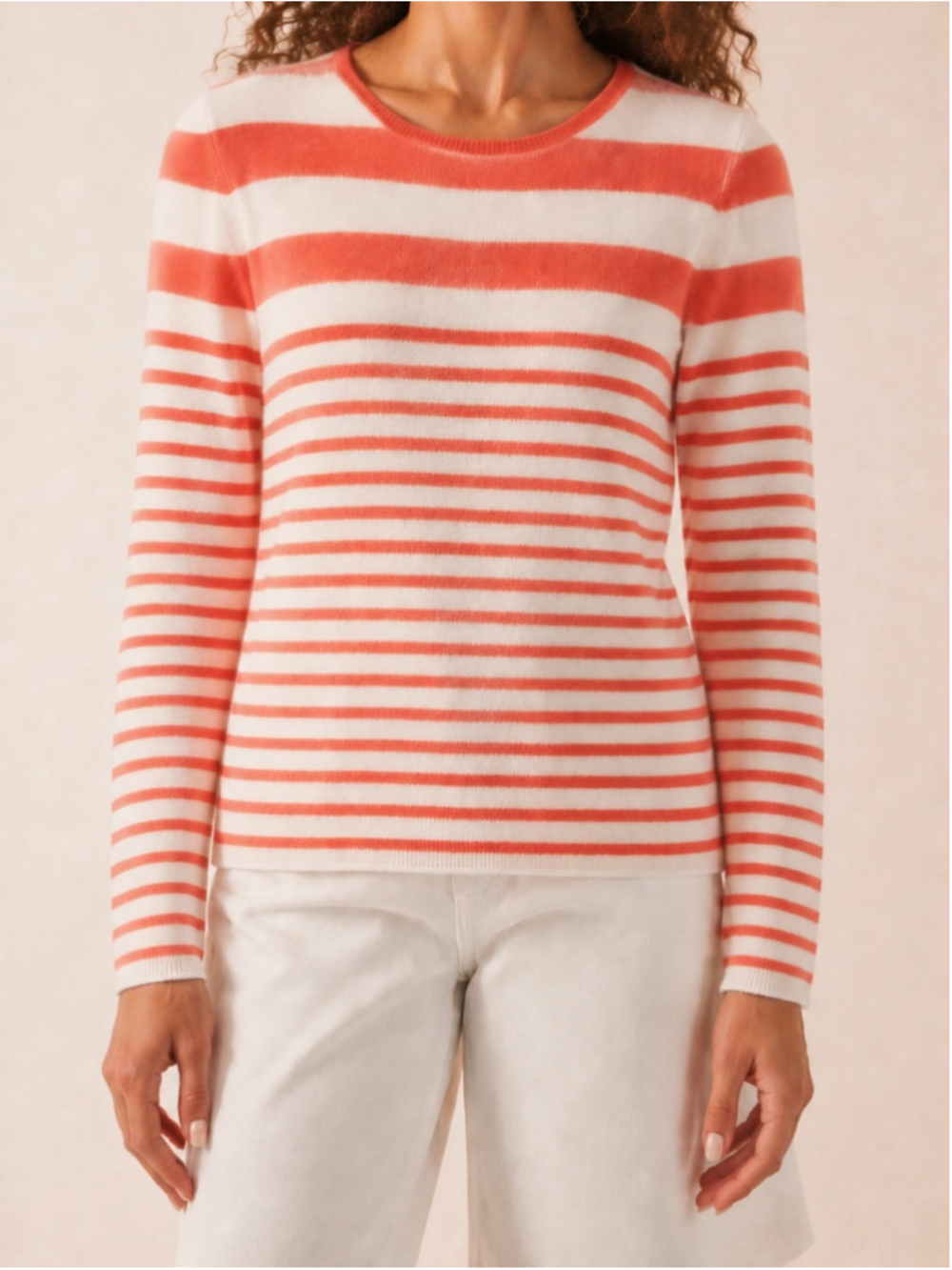 LORD & Taylor 100% Cashmere Salmon Pink & White Striped Crew Neck Sweater Size M